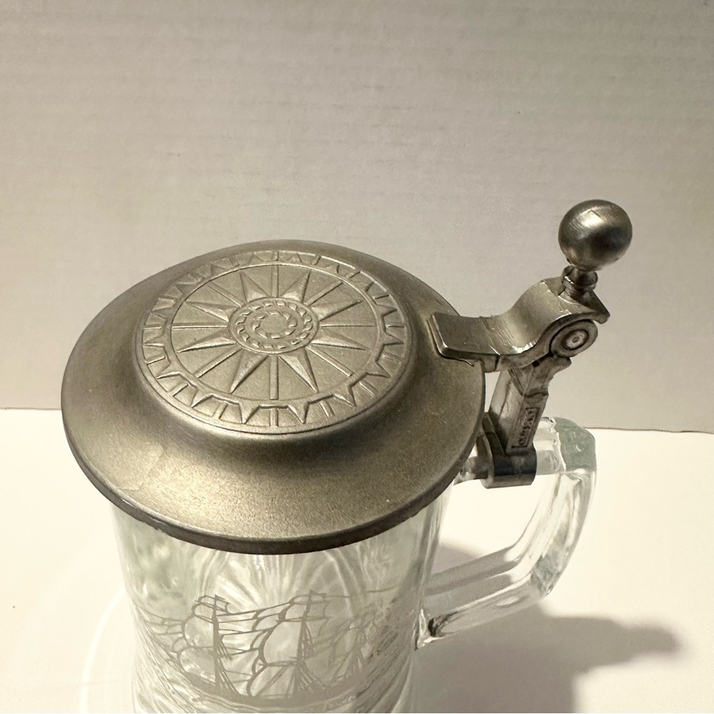 Vtg-Pewter & Glass LIDDED BEER STEIN~Salem Ship Grand Turk-1786 Old Spice 14oz.
